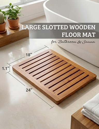 Acacia Wood Shower Mat 24x18 Inches by Demigo, Luxury Bath Mat Non Slip for Bathroom Bathtub Shower Spa Garden Home, Wooden Floor Mat Square Large for Outdoor and Indoor - size: 24" x 18" (Rectangular)