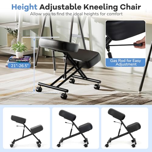 Goplus Kneeling Chair, Upholstered Mobile Desk Chair w/Adjustable Height, Thickened Sponge Cushion, 4 Lockable Universal Wheels, Office Home Padded Stool with Angled Seat, Black (1)