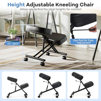 Goplus Kneeling Chair, Upholstered Mobile Desk Chair w/Adjustable Height, Thickened Sponge Cushion, 4 Lockable Universal Wheels, Office Home Padded Stool with Angled Seat, Black (1)