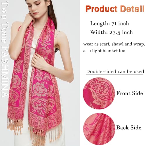 Pashmina Shawl Wrap with Ethnic Paisley Two Tone Jacquard Scarf for Women - color: Paisley-fuchsia