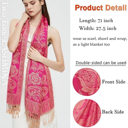 Pashmina Shawl Wrap with Ethnic Paisley Two Tone Jacquard Scarf for Women - color: Paisley-fuchsia