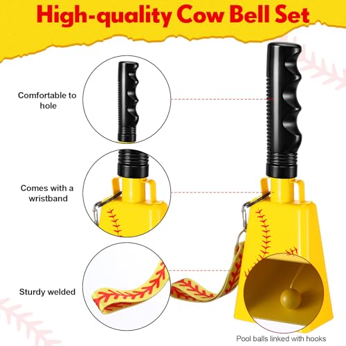 2 Pack Cow Bells with Handle & Wrist Strap Ribbon Bows Loud Cowbell Noise Makers for Sporting Events, Games, Cheer, Graduations, Team(Softball)