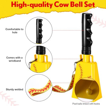 2 Pack Cow Bells with Handle & Wrist Strap Ribbon Bows Loud Cowbell Noise Makers for Sporting Events, Games, Cheer, Graduations, Team(Softball)