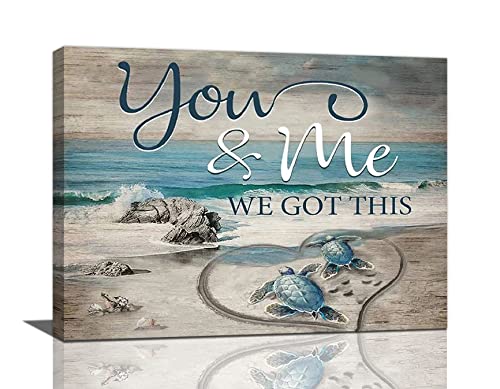 yerretin Beach Sea Turtle Bathroom Wall Art Ocean Turtle Pictures Wall Decor Coastal Nautical Seascape Canvas Painting Love Artwork Home Decoration for Bedroom Office Framed 16"x12" - color: Turtle Love, size: 16"L x 12"W