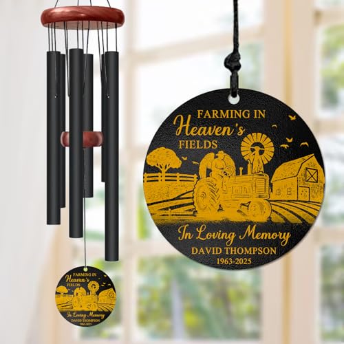 Personalized Farming Memorial Wind Chime – “Farming in Heaven’s Fields” Custom Name & Years – Tractor with Angel Wings Engraved Sympathy Gift for Farmers – Remembrance Windchime for Loss of Loved One