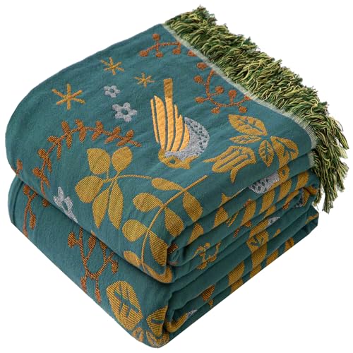 Phuryllic Boho Throw Blanket Twin Size, Soft Cozy Cotton Muslin Quilt Blanket for Bed Decor, Bird Patterned Couch Sofa Chair Cover, Vintage Farmhouse Cottage Tapestry Woven Blanket, Green&Beige - color: Spring Finch, size: 60" x 80"