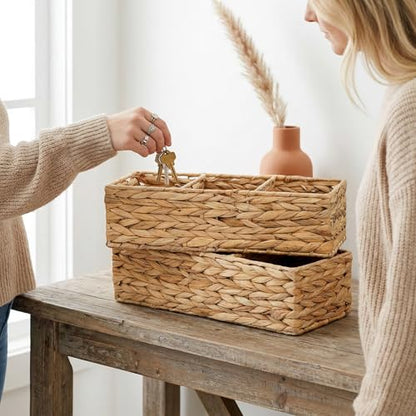 2 Pack 3-Section Woven Baskets, Water Hyacinth Storage Bin, Handwoven Desk Organizer, Toilet Paper Container, Rectangle Holder for Counter Top Toilet Tank Shelves Coffee Bar Pantry