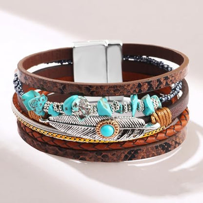 Fesciory Leopard Bracelet for Women, Boho Leather Wrap Multi-Layer Pearl Crystal Bracelet Bangle Jewelry - style: Feather(Brown)