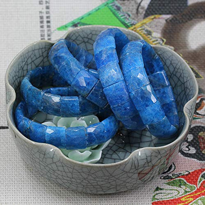 Keleny Gemstones Semi Precious 15mm Square Grain Faceted Beaded Stretch Bangle 7.5 Inch Unisex - color: Blue Apatite