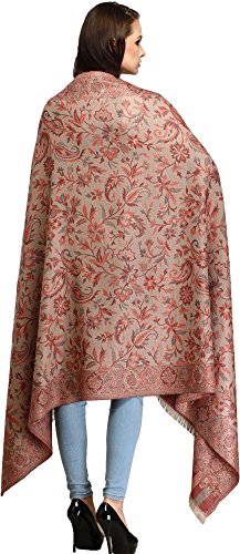 Exotic India Women Reversible Jamawar Wool Shawl with Woven Flowers | Ethnic Beautiful Floral Weave Stole, Dupatta - color: Sandshell