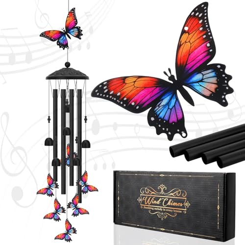Colorful Butterfly Wind Chimes for Outside, Black Butterfly Decorations, Metal Windchimes, Gifts for Mom, Sympathy Memorial Decor for Women Home