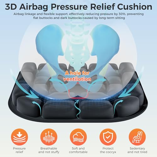 Upgrade Airplane Seat Cushion with No External Air Pump, Inflatable Seat Cushion for Long Flights, Portable Wheelchair Cushions, Adjustable Air Cushion with Non-Skid Bottom Relief Discomfort in Coccyx