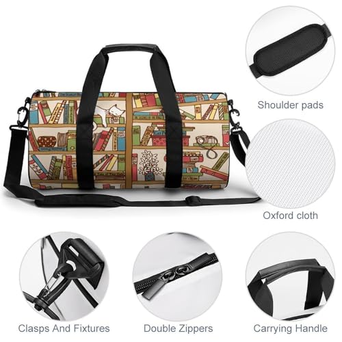 Sleeping Cat Library Bookshelf Cylindrical Portable Fitness Bag, Large Capacity Handbag - color: sleeping cat library bookshelf