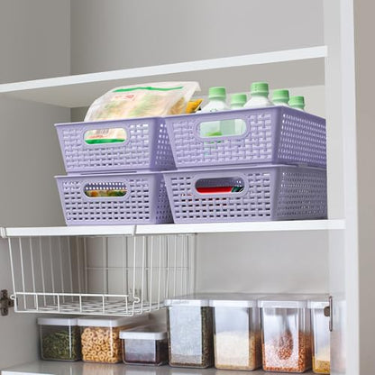 Tiawudi Stackable Woven Plastic Basket, Storage Bins for Cabinet, Closet, Shelf, Under Sink and Countertop, Pantry Organizer Bins, 6 Pack - color: Violet