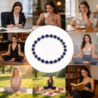 Lapis Lazuli Healing Bracelet – Real Crystal Beads for Stress Relief, Meditation & Chakra Balance – Natural Gemstone Jewelry Gift for Women & Men, Adjustable Stretch Fit - style: 6mm 64-Facet Gold Accent（no gift box）