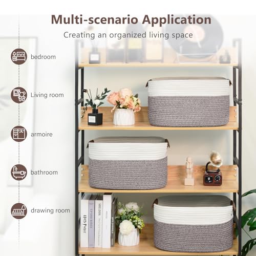 ECDYQXVU Cotton Rope Basket, Storage Baskets with Handle, 15x10x9 Inch Woven Basket for Shelves, Laundry, Towels, Clothes, Books (White Brown 1 Pack)