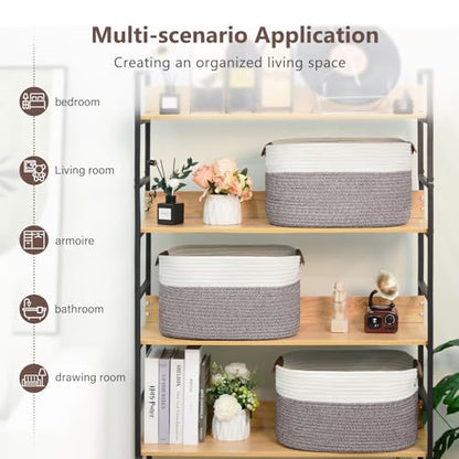 ECDYQXVU Cotton Rope Basket, Storage Baskets with Handle, 15x10x9 Inch Woven Basket for Shelves, Laundry, Towels, Clothes, Books (White Brown 1 Pack)