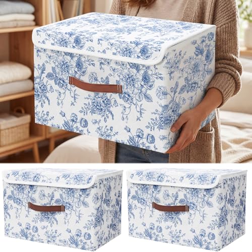 2 Pack Blue Floral Storage Bin with Lids Handles Large Blue and White Porcelain Storage Boxes 15x10x10 Inch Foldable Fabric Basket Decorative Cube Organizer for Clothes Nursery Home Dorm - color: Blue, size: 15x10x10 Inch