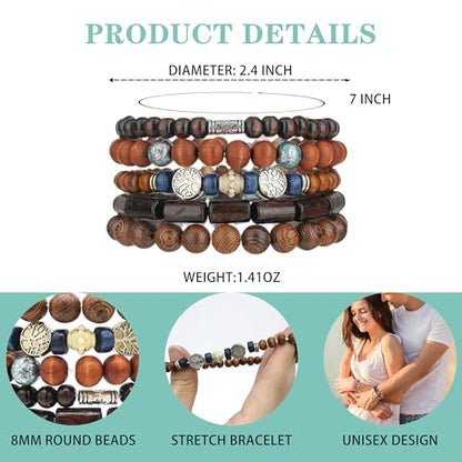 5pcs Wooden Bead Bracelet Set with Charm and Tassel for Men & Women - Stackable Boho Bracelets, Amber Color Scheme Adjustable Bracelet - color: Brown Blue Green