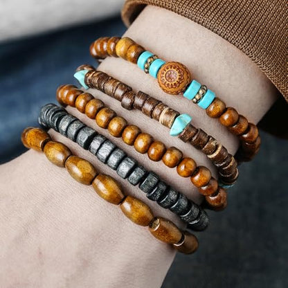 Vintage Multilayer African Turpine Wood Beaded Stretch Bracelets Bohemian Retro Coconut Shell Stackable Elastic Bracelet for Women Men Summer Beach Vacation Holiday Jewelry Gifts - style: StyleF
