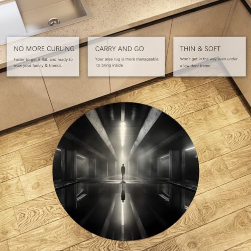 Meditation Space 6ft Round Rugs Lone Figure in Corridor Print Indoor Thin Floor Mat for Office Study Room Modern Creative Home Decor