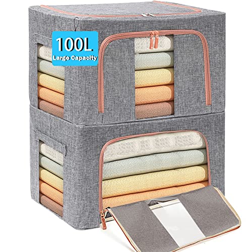 Large Capacity Clothes Storage Bags Stackable Storage Organizer with Foldable Metal Frame Zipper Handles Clear Window Storage Container Box for Blanket Sweater Comforter Pillow (100L Gray 2 Pack)