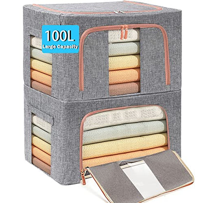 Large Capacity Clothes Storage Bags Stackable Storage Organizer with Foldable Metal Frame Zipper Handles Clear Window Storage Container Box for Blanket Sweater Comforter Pillow (100L Gray 2 Pack)