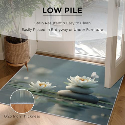 3x5 Washable Nature Meditation Area Rugs for Living Room, Zen Stone Rug for Bedroom, White Lotus Home Decor, Non Slip Low Pile Soft Thin Indoor Carpet D&T55