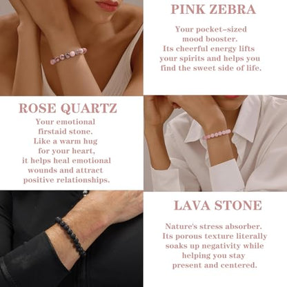 4mm 6mm 8mm Healing Crystal Bracelets for Women Men Natural Stone Beaded Stretch Bracelet Handmade Gemstone Reiki Spiritual Jewelry Gifts - color: Rose Quartz+Lava+Pink Zebra-Stress Relief, size: 8mm