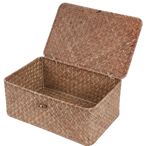 FEIALNDUO Wicker Shelf Baskets with Lid,Seagrass Storage Basket Bins Rectangular Handwoven Basket Boxes for Shelves Desktop Home Organizer (Coffee, Medium) - color: Coffee, size: Medium