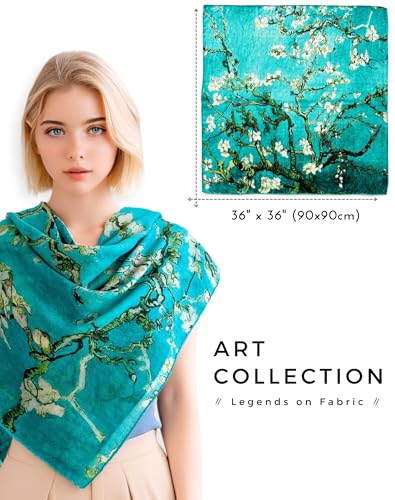 PoeticEHome Cashmere Scarf Wrap 36"x36" - Featherlight & Wrinkle-Free Artistic Square Shawl for Travel & Office, Gift Ready - color: Branches With Almond Blossom - 36"