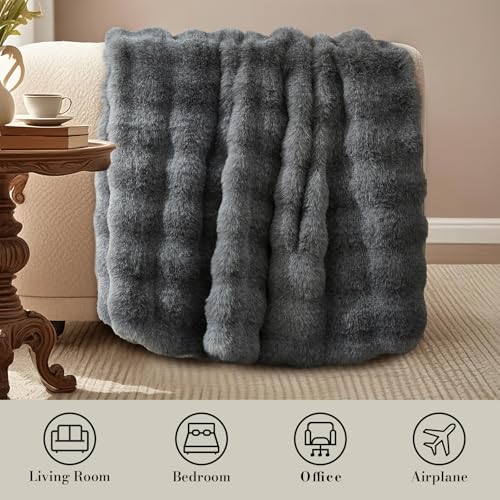 Amélie Home Faux Fur Throw Blanket, Ultra Soft Fuzzy Plush Bubble Blanket for Couch, Bed & Living Room, 60"x80", Cationic Wolf Gray - color: Heather Grey, size: 60" x 80"