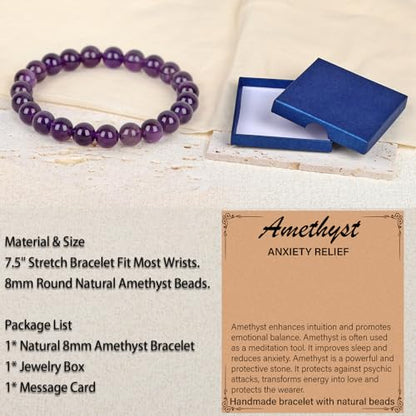LPBeads Handmade Natural Gemstone Stretch Elastic Bracelet Healing Crystal Round Stone Beads Jewelry Gifts for Women Men - color: Amethyst, size: 8mm