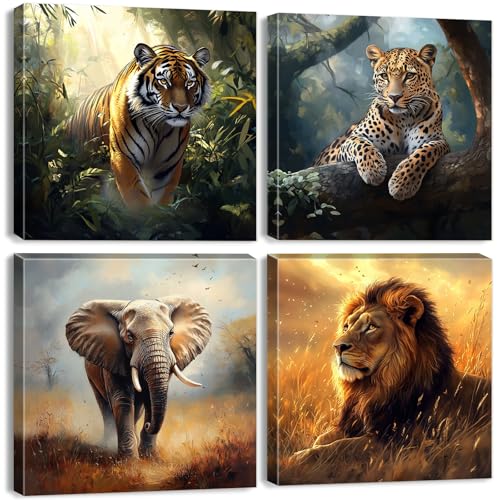 Wild Animal Lion Wall Art Wildlife Safari Wall Decor for Nursery Vintage African Elephant Canvas Pictures Tiger Panther Posters Jungle Forest Animals Paintings Artwork Living Room Decoration 12x12" 4P - color: Wild Animals, size: 12"L x 12"W