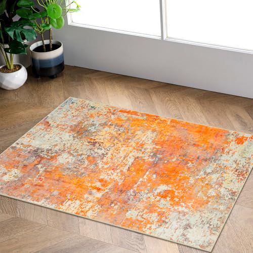 Lahome Modern Abstract Small 2x3 Rug - Washable Kitchen Rugs Non Slip Front Indoor Mat for Entry Bathroom, Contemporary Soft Throw Carpet for Entryway Bedside, Orange/Yellow - color: Yellow, size: 2' x 3'