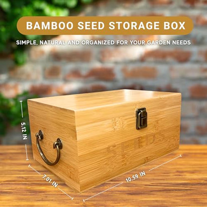 Bamboo Garden Seed Storage Organizer Box, Wooden Seed Box with Removable Dividers, Metal Handle and Latch, Seed Keeper Organizer for Garden Seed Packets and Storage (10.59 x 7 x 5.12 in)
