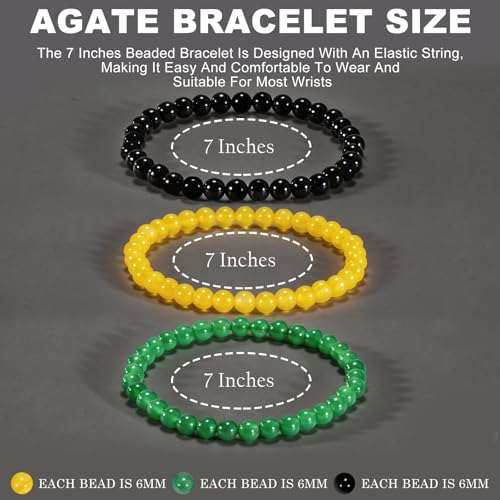 3PCS Agate Bracelet for Women Men Natural Round Beaded Agates Stone Healing Stretch Bracelets Elastic Handmade Polished Gemstone Beads Bracelet - color: Green+Yellow+Black