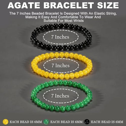 3PCS Agate Bracelet for Women Men Natural Round Beaded Agates Stone Healing Stretch Bracelets Elastic Handmade Polished Gemstone Beads Bracelet - color: Green+Yellow+Black
