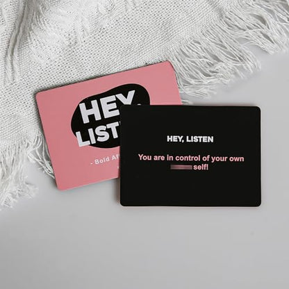 Hey Listen Affirmation Cards, 53 Daily Positive Motivational Cards with Wooden Stand, Boost Confidence, Achieve Goals, Mindfulness Inspirational Meditation Cards, Self-Care, Funny Gifts