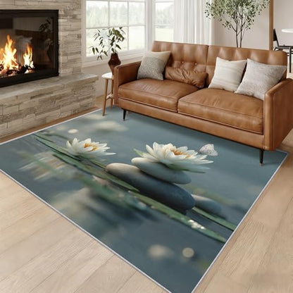 3x5 Washable Nature Meditation Area Rugs for Living Room, Zen Stone Rug for Bedroom, White Lotus Home Decor, Non Slip Low Pile Soft Thin Indoor Carpet D&T55