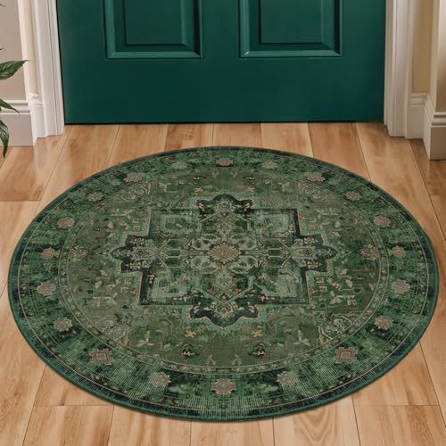 Green Small Round Entryway Rug 3ft, Washable Non Slip Low Pile Small 3 Feet Circle Rug for Kitchen Bathroom, Vintage Medallion Distressed 3x3 Round Carpet for Dining Room Table Bedroom Bedside - color: Medallion-green, size: 3' (Round)