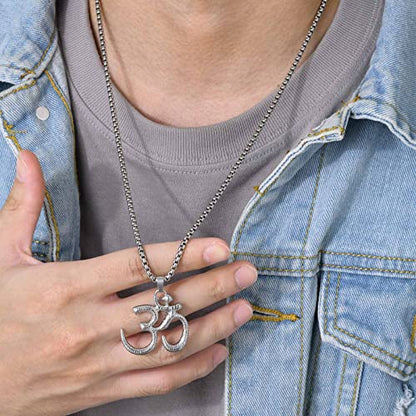 Stainless Steel Om Necklace for Men Women, gold plated/Silver/Black Yoga Charm Pendant Necklaces Aum Om Ohm Sanskrit Symbol Hindu Meditation Chain Necklace,Mens Womens Jewelry Gifts - color: Silver