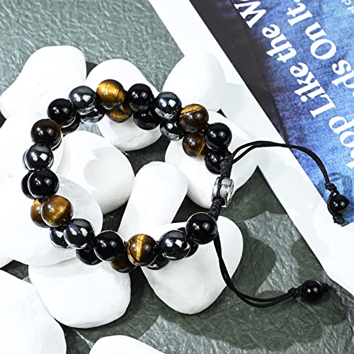 Triple Protection Bracelet Natural Black Obsidian Tigers Eye Hematite Beads Crystal Bracelet Healing Bracelets for Men Women Bring Prosperity Luck and Health - color: Black