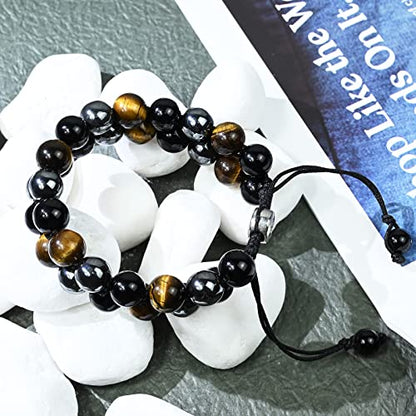 Triple Protection Bracelet Natural Black Obsidian Tigers Eye Hematite Beads Crystal Bracelet Healing Bracelets for Men Women Bring Prosperity Luck and Health - color: Black