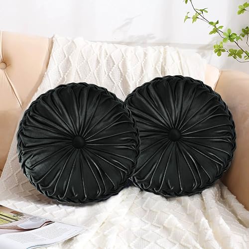 HIG Set of 2 Decorative Round Pleated Throw Pillows, Classy Accent Pumpkin Throw Pillows with Center Button, Vintage Velvet Floor Pillows for Sofa Vanity Chair Bed, Black, 14.5" Diameter(Ripple) - color: Black