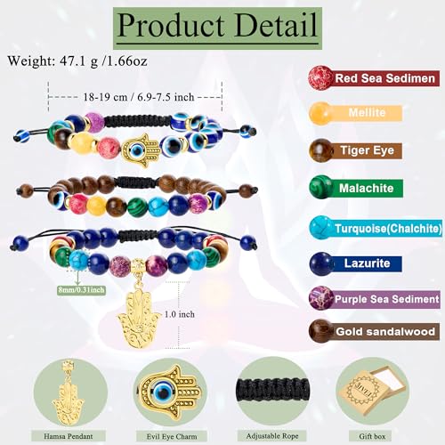 Bivei Chakra Bead Bracelets for Women - 8mm 7 Chakra Bracelet With Real Stones Yoga Gemstone Jewelry 3 Pack - style: #1 Set of 3 khamsah
