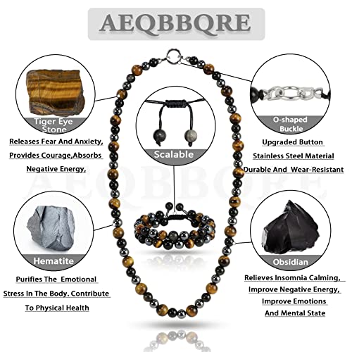 Men Tiger Eye Beaded Necklace Triple Protection Bracelet Jewelry Sets Hematite Black Obsidian Healing Crystal Stone Chakra Necklace for Women