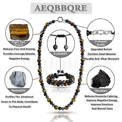 Men Tiger Eye Beaded Necklace Triple Protection Bracelet Jewelry Sets Hematite Black Obsidian Healing Crystal Stone Chakra Necklace for Women
