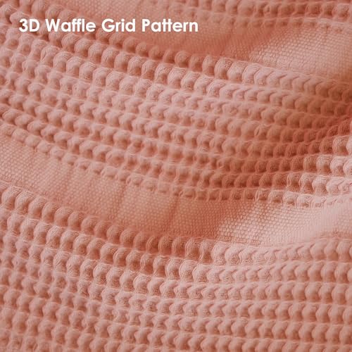 Mira Waffle Throw Blanket with Tassels - 50x66 Inch - 100% Turkish Cotton Tencel Breathable Blend Lightweight Blanket for Couch, Sofa, Bed - color: Salmon