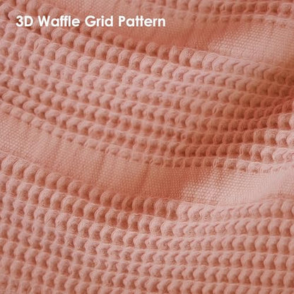 Mira Waffle Throw Blanket with Tassels - 50x66 Inch - 100% Turkish Cotton Tencel Breathable Blend Lightweight Blanket for Couch, Sofa, Bed - color: Salmon